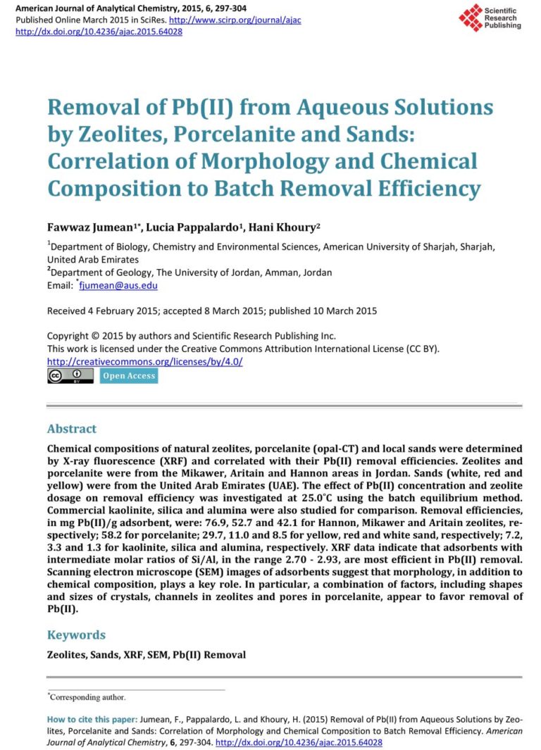 Removal of Pb(II) from Aqueous Solutions by Zeolites, Porcelanite and Sands: Correlation of Morphology and Chemical Composition to Batch Removal Efficiency