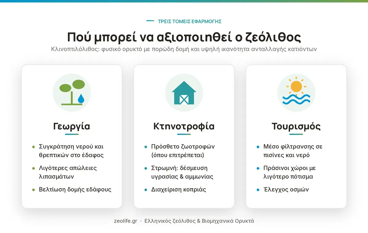 Εφαρμογές του ζεόλιθου στη γεωργία, την κτηνοτροφία και τον τουρισμό: συγκράτηση νερού και θρεπτικών, στρωμνή ζώων, φίλτρανση νερού